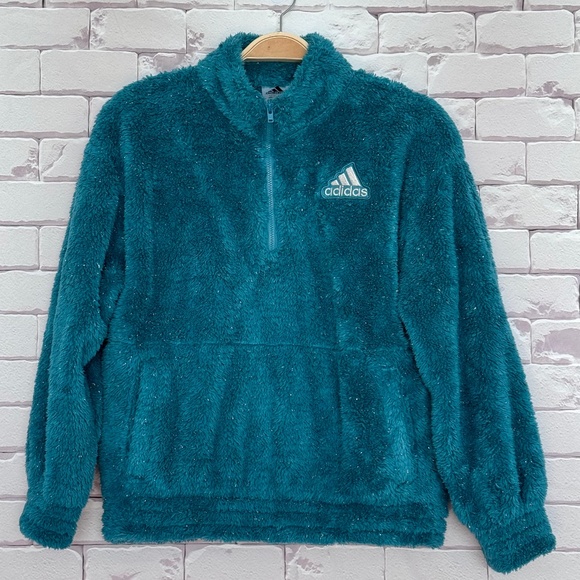 Adidas Girls TURQ‎ Quarter-Zip Sparkle Fuzzy Holiday Jacket Medium 10-12 NWT - Picture 1 of 11